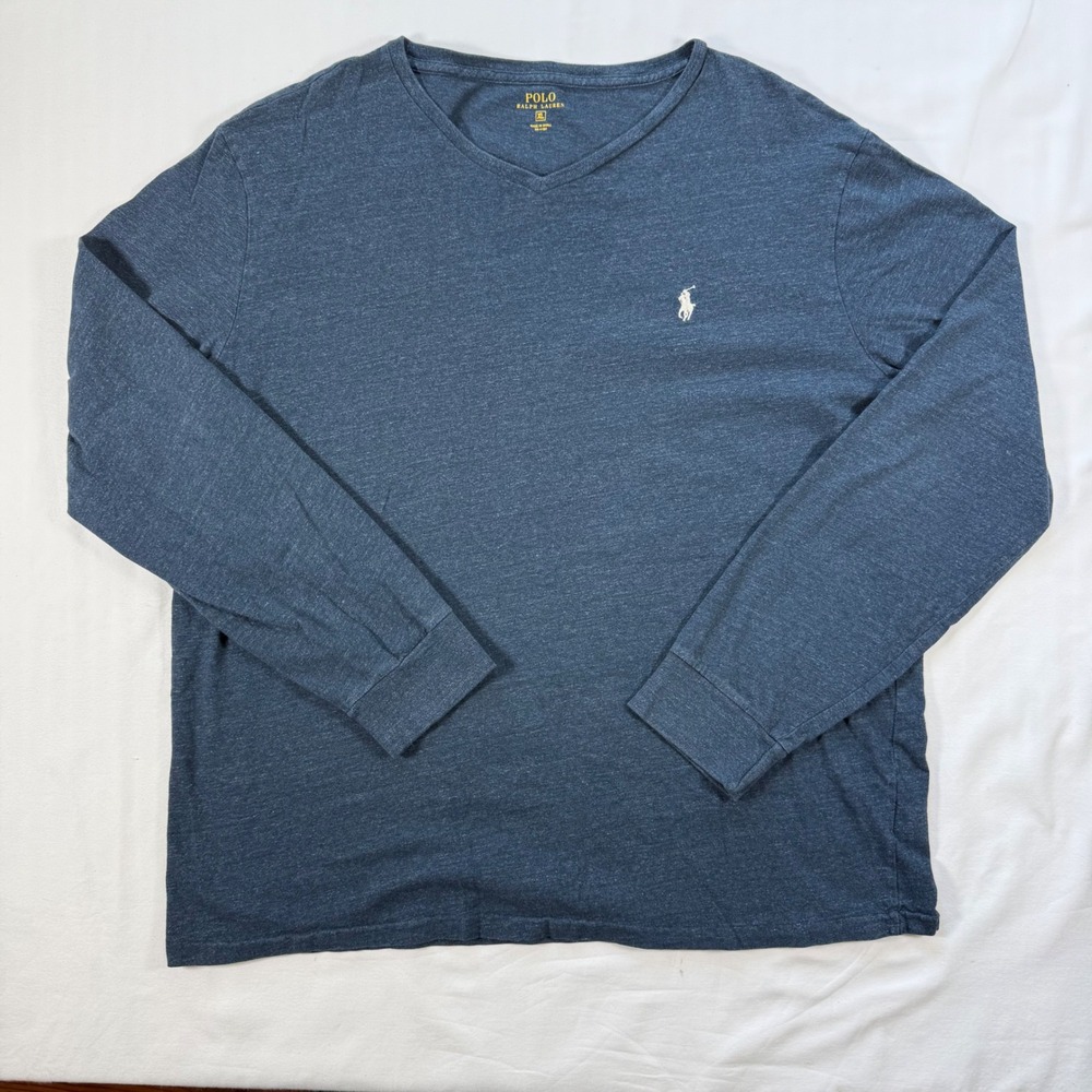 Polo Ralph Lauren Mens XL V-Neck Long Sleeve T-Shirt Heather Navy Blue Cotton